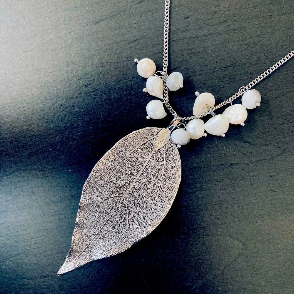 Silver Leaf Pendant Pearl Beads Long Chain Accent Necklace